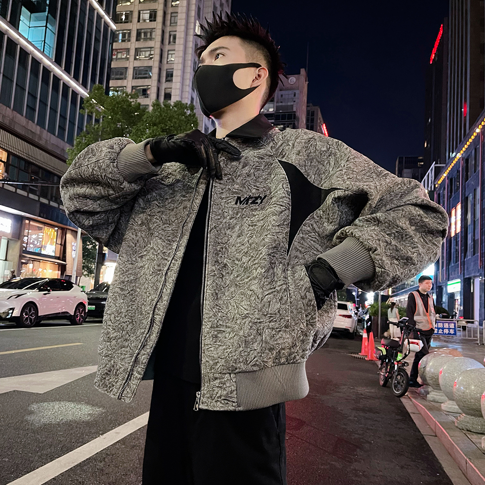 J82/特P138控178秋款解构设计拼皮刺绣字母款阔版夹克外套灰1，男装夹克，电商A366