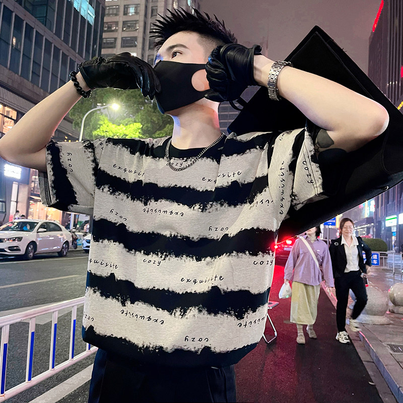 T198/P58控78夏季设计感美式潮牌撞色条纹款短袖T恤社会小伙黑,男装T恤,电商A366