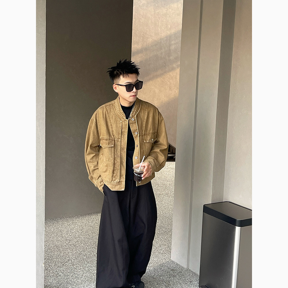 J71/特P138控178男士牛仔外套质感复古老钱风翻领休闲上衣咖1,男装工装外套,电商A366