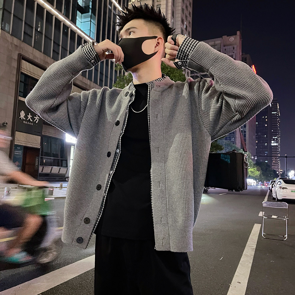 J76 P118控158 痞帅男生双层领格纹撞色假两件毛衣针织开衫外套2图片