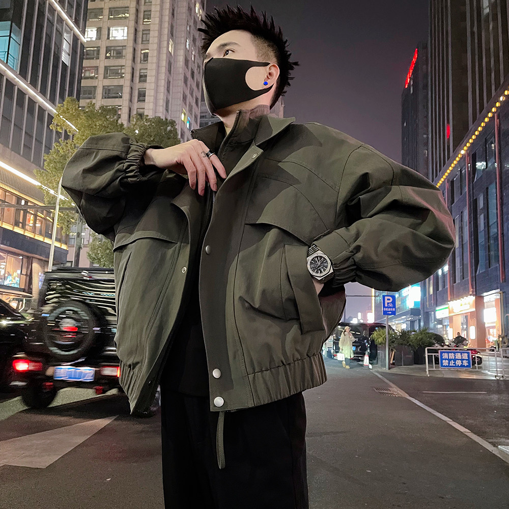 J98/P128控178潮牌痞帅双层领金属饰工装男士夹克外套复古绿2，男装夹克，电商A366