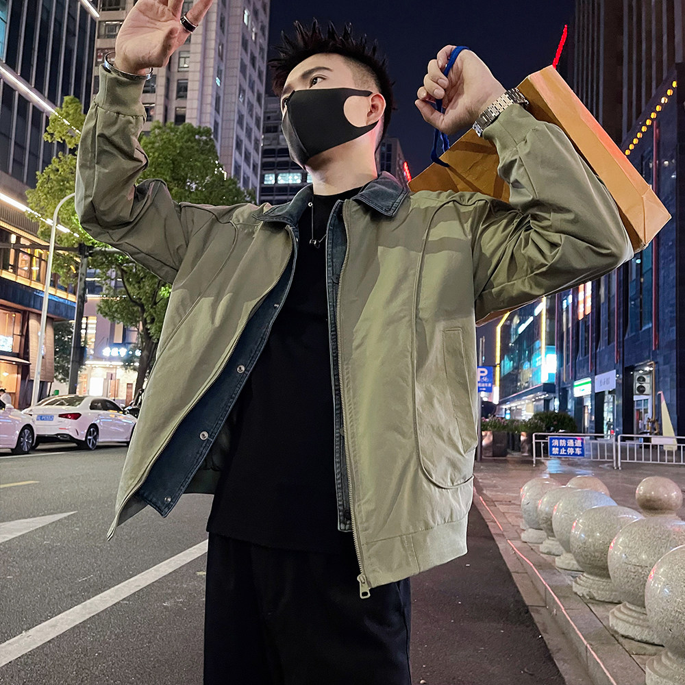 J70/P118控158 假两件拼接外套男士秋季高级感牛仔翻领夹克上衣绿图片