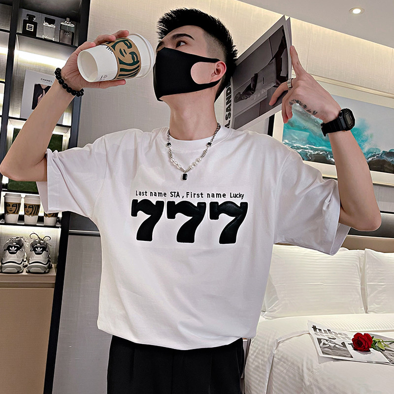 T01/P55控75夏季美式潮牌刺绣贴皮777数字男士短袖T恤社会小伙白,男装T恤,电商A366