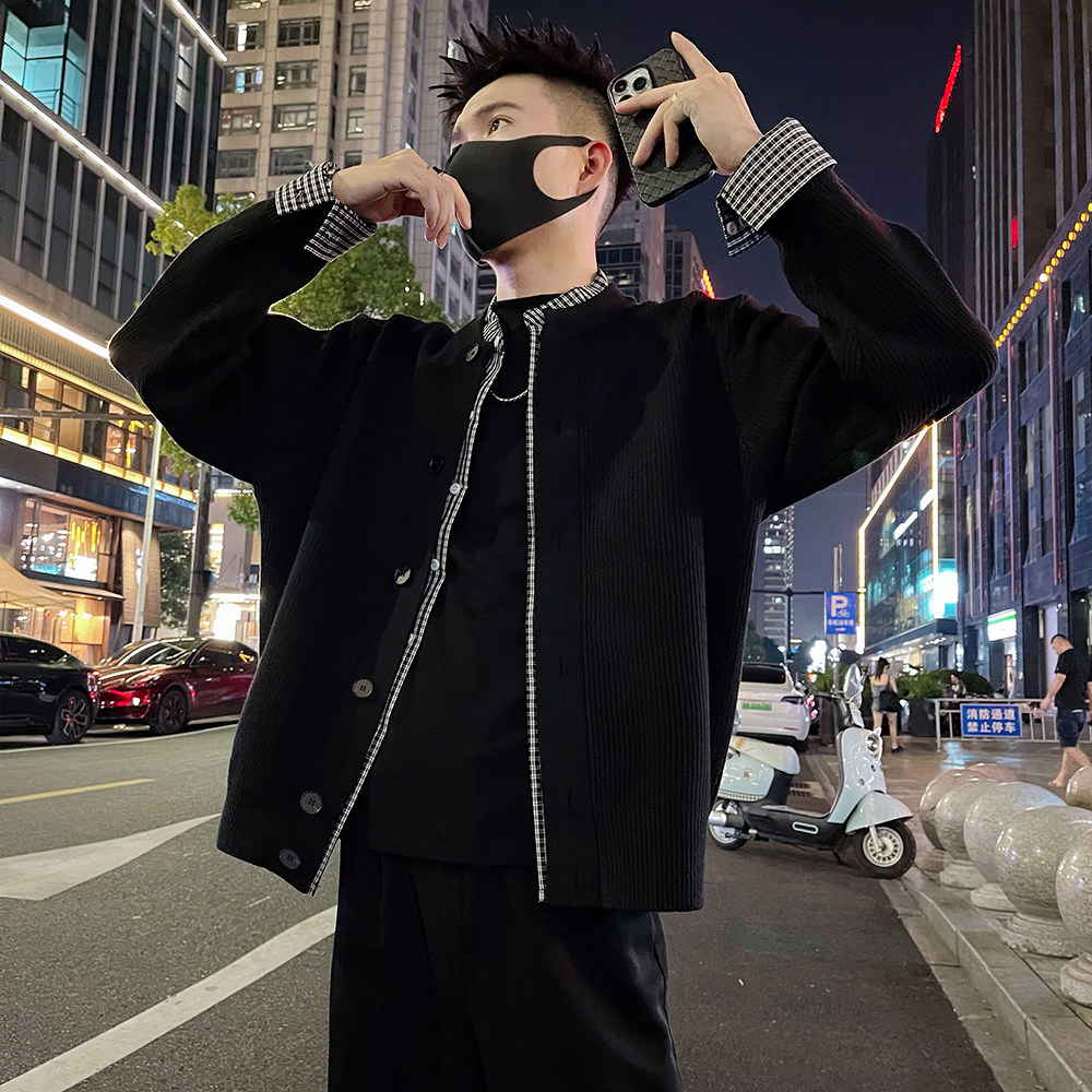 J76 P118控158 痞帅男生双层领格纹撞色假两件毛衣针织开衫外套2图片