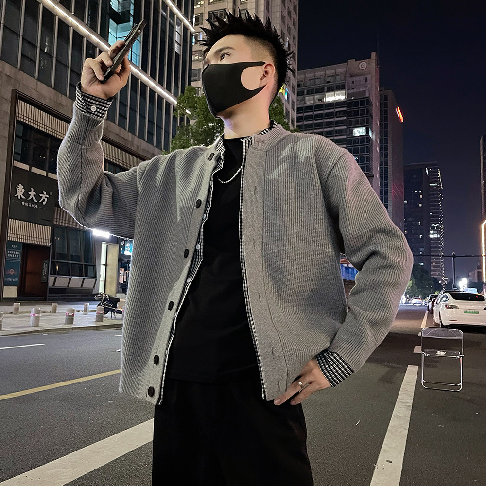 J76 P118控158 痞帅男生双层领格纹撞色假两件毛衣针织开衫外套图片