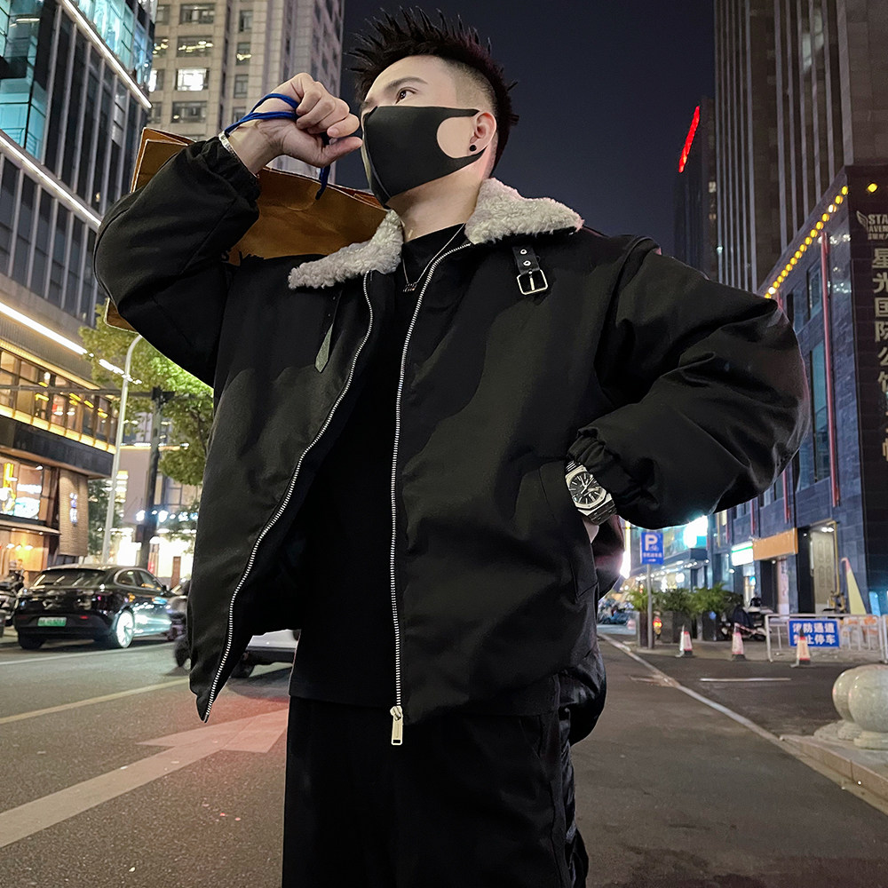 A67/P148控198潮牌秋冬款男士毛领棉服外套休闲痞帅上衣黑3,男装棉衣,电商A366