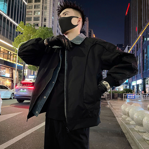 J70/P118控158 假两件拼接外套男士秋季高级感牛仔翻领夹克上衣黑图片