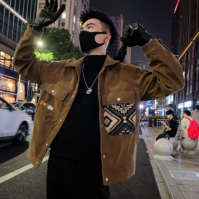 J17/P115控155春款设计感潮牌复古民族风拼接灯芯绒夹克外套黑,男装民族服装,电商A366