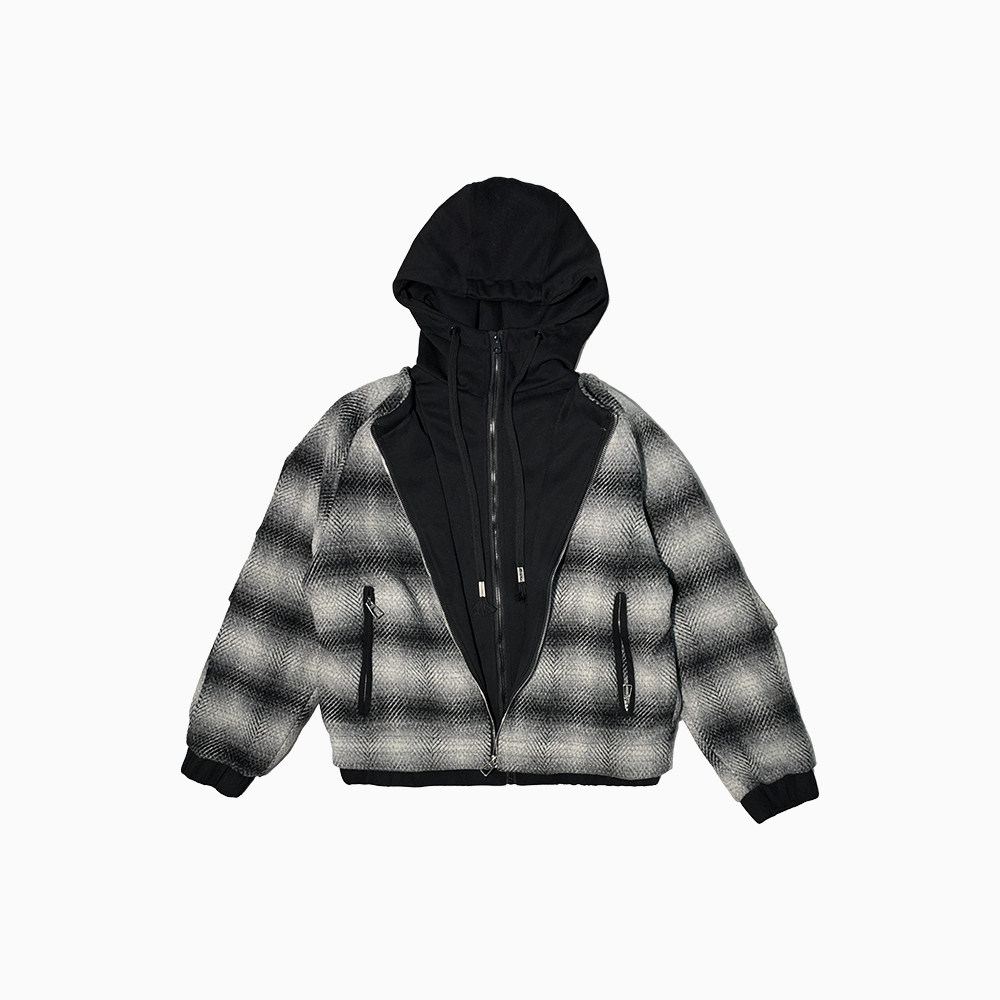 A61/P158控208秋冬保暖加绒假两件抽绳连帽男士棉服外套上衣黑3,男装棉衣,电商A366