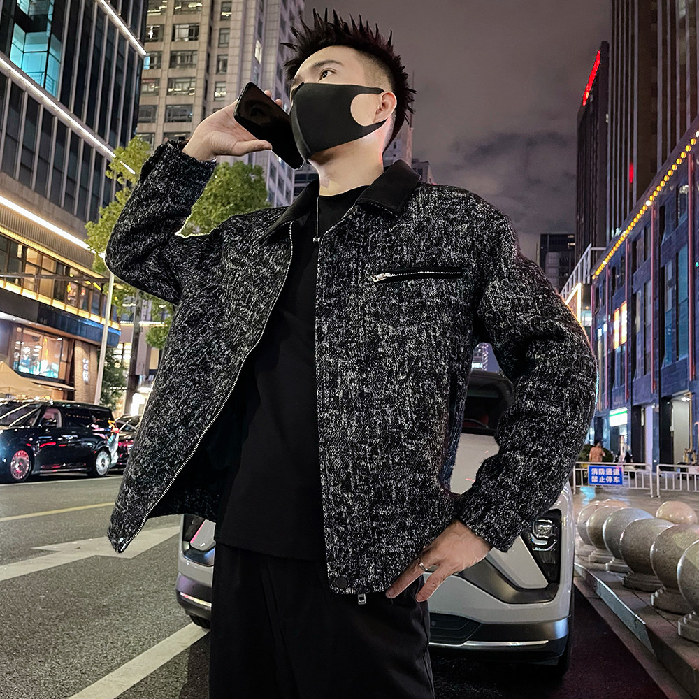 J80/P138控178拉链装饰痞帅高级感拼接皮翻领毛呢夹克外套灰2,男装夹克,电商A366