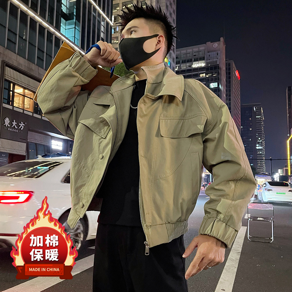 J75加棉/P138秋冬加棉夹克外套假两件短款解构设计感工装男上衣,男装夹克,电商A366