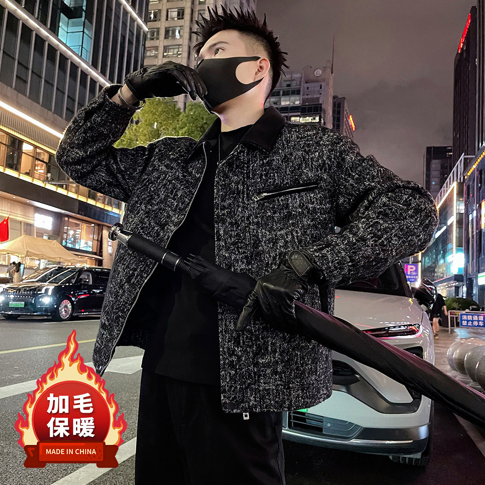 J80加毛/P148 拉链装饰痞帅高级感拼接皮翻领毛呢夹克外套黑1图片