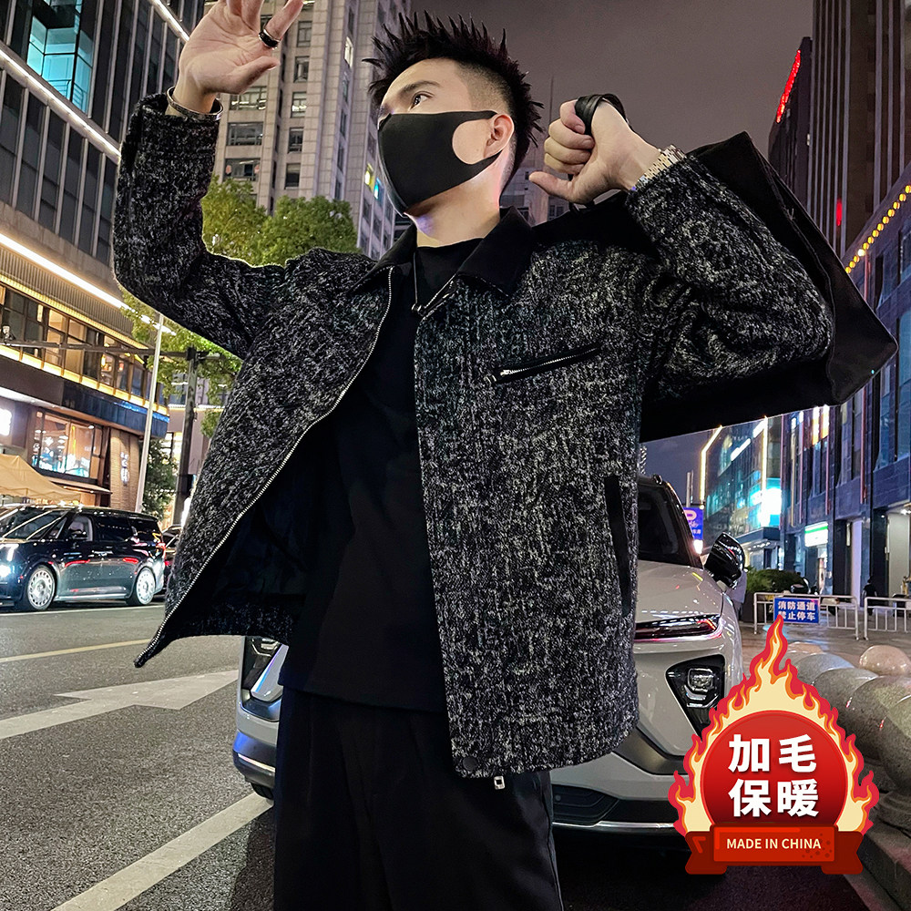 J80加毛/P148拉链装饰痞帅高级感拼接皮翻领毛呢夹克外套灰1,男装夹克,电商A366