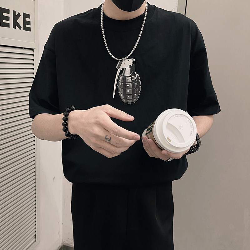 T52/P48控68夏季美式潮牌3D印花图案痞帅短袖T恤男社会小伙黑,男装T恤,电商A366