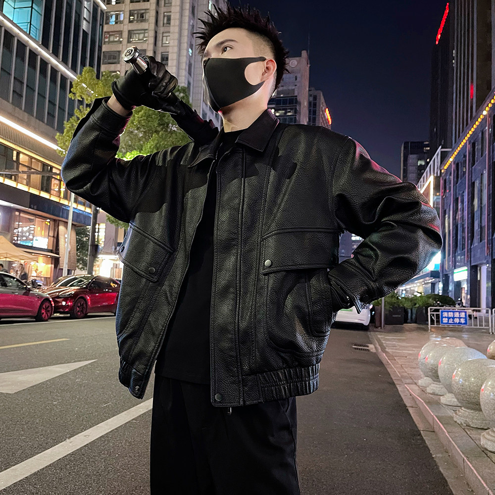 J72特P138控178秋款夹克外套男潮牌肌理感老钱风痞帅翻领皮衣,蓝色的运动鞋好搭配吗图片