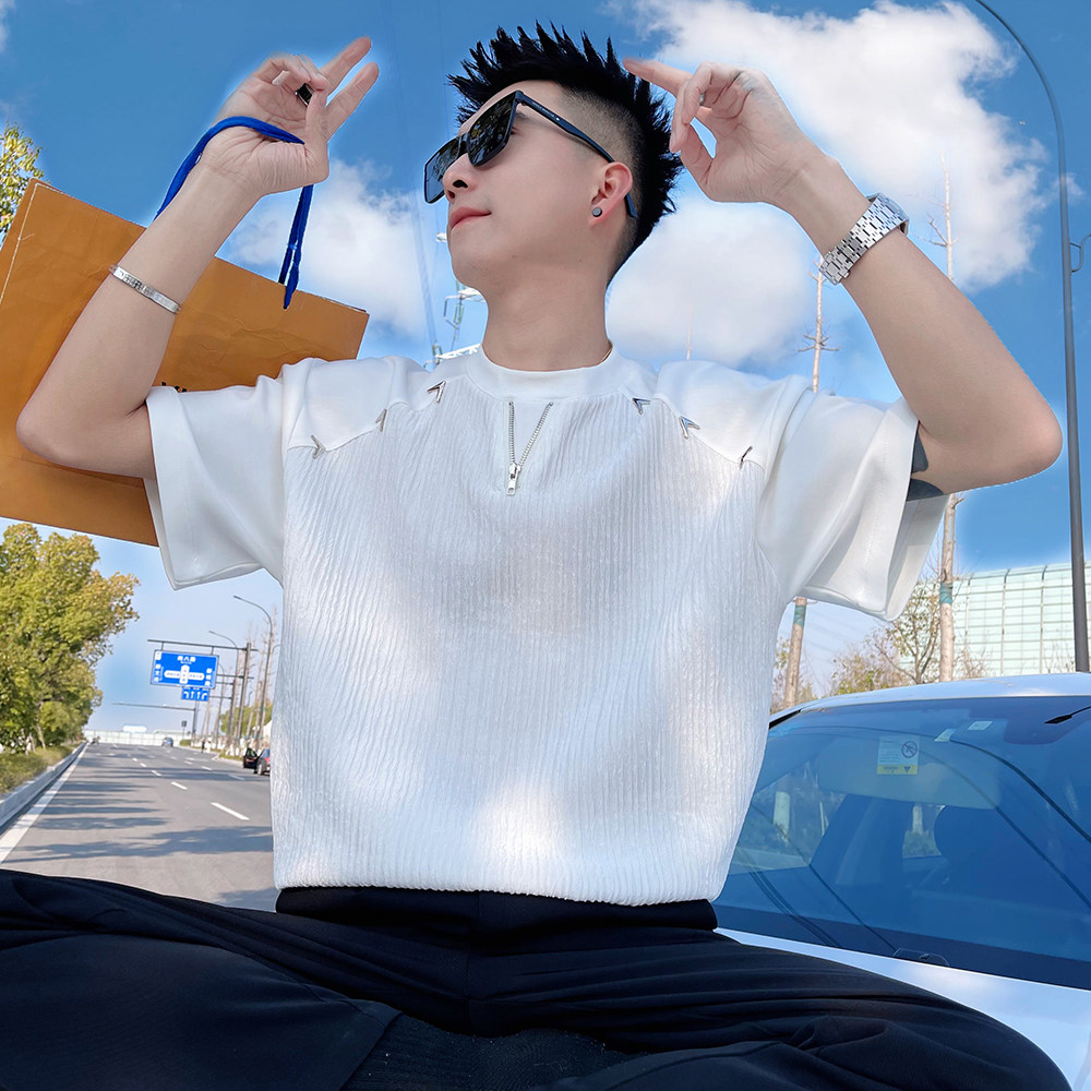 T233/P58控782025新款男士T恤金属饰圆领短袖男夏季潮牌ins潮流，商品下架区商品下架区，电商A366