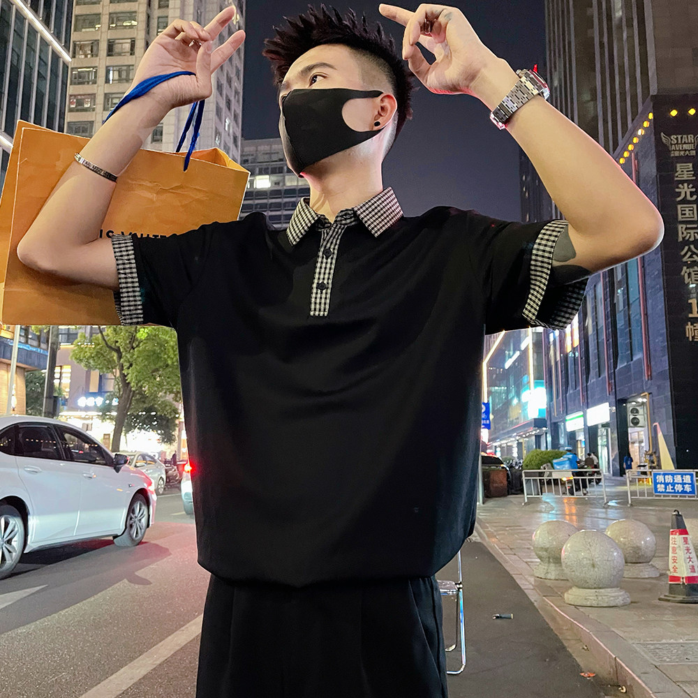 T268/P58控88男士短袖POLO衫设计感格纹拼料撞色休闲男装半袖白1,男装Polo衫,电商A366