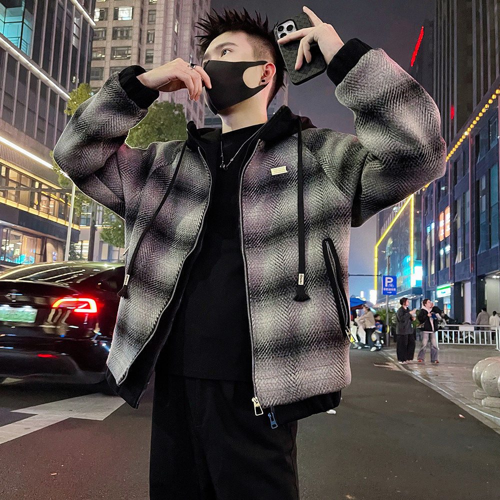 A61/P158控208 秋冬保暖加绒假两件抽绳连帽男士棉服外套上衣黑3图片