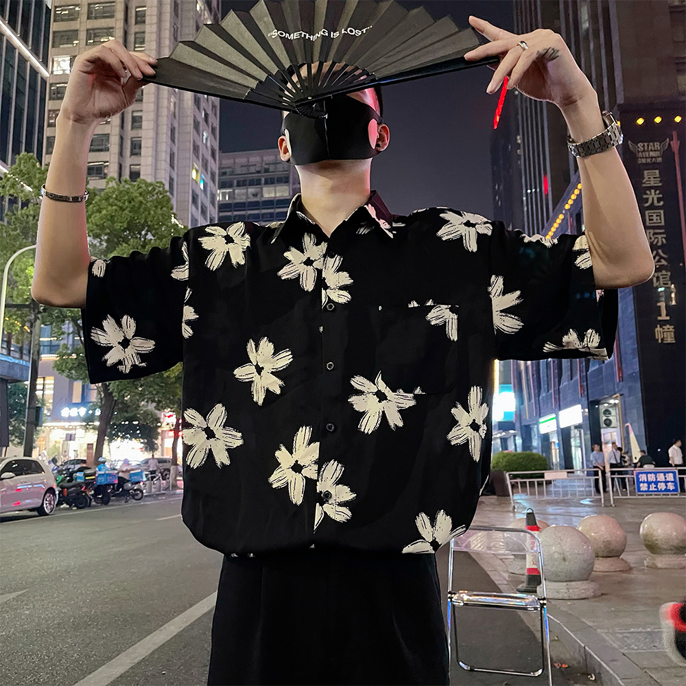 S30/P58控88夏季新款短袖衬衫男潮牌花朵印花休闲半袖衬衣黑2，商品下架区商品下架区，电商A366