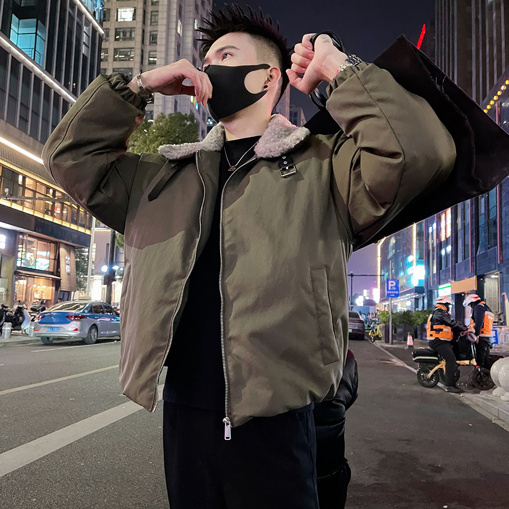 A67/P148控198 潮牌秋冬款男士毛领棉服外套休闲痞帅上衣绿1图片