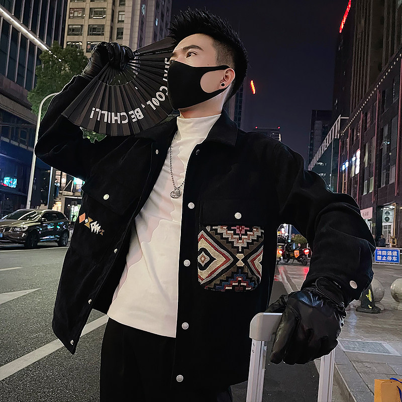 J17/P115控155春款设计感潮牌复古民族风拼接灯芯绒夹克外套黑,男装民族服装,电商A366