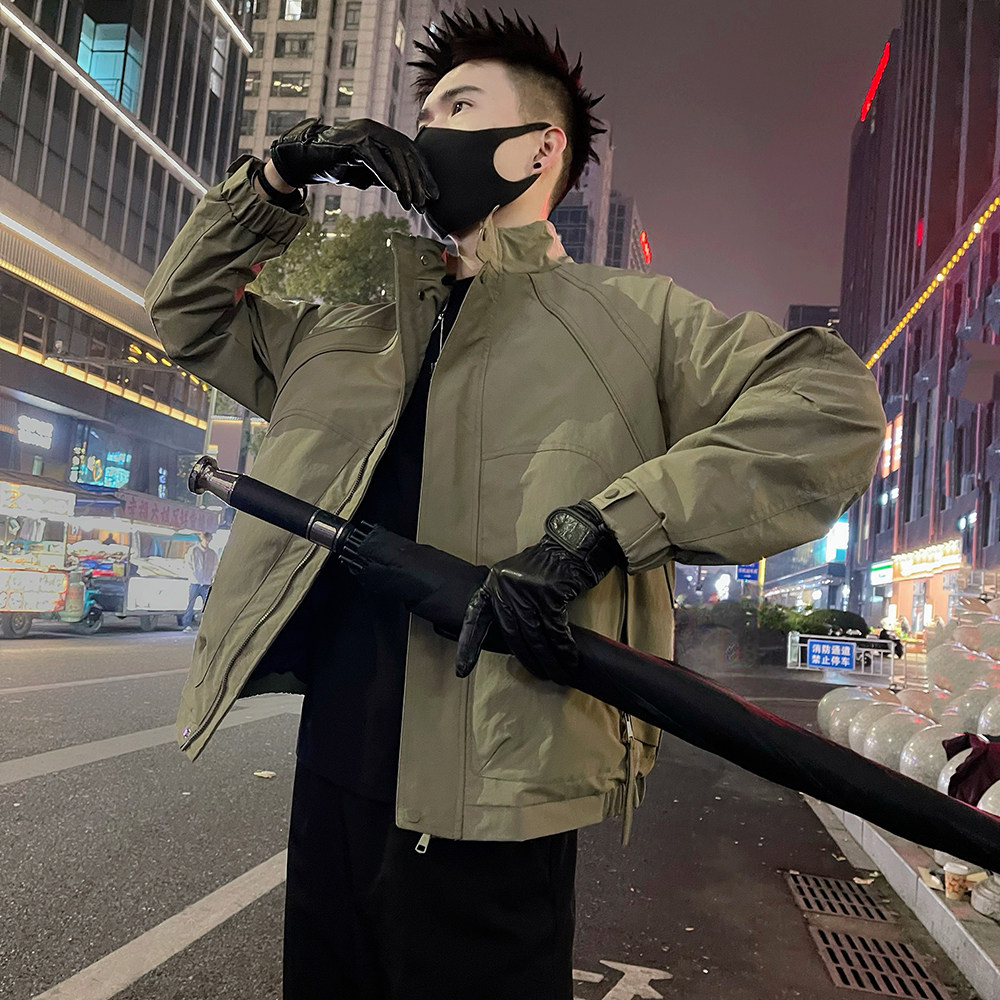 J90/P98控145春款男士薄款工装设计感插肩袖夹克外套潮牌黑3,男装夹克,电商A366