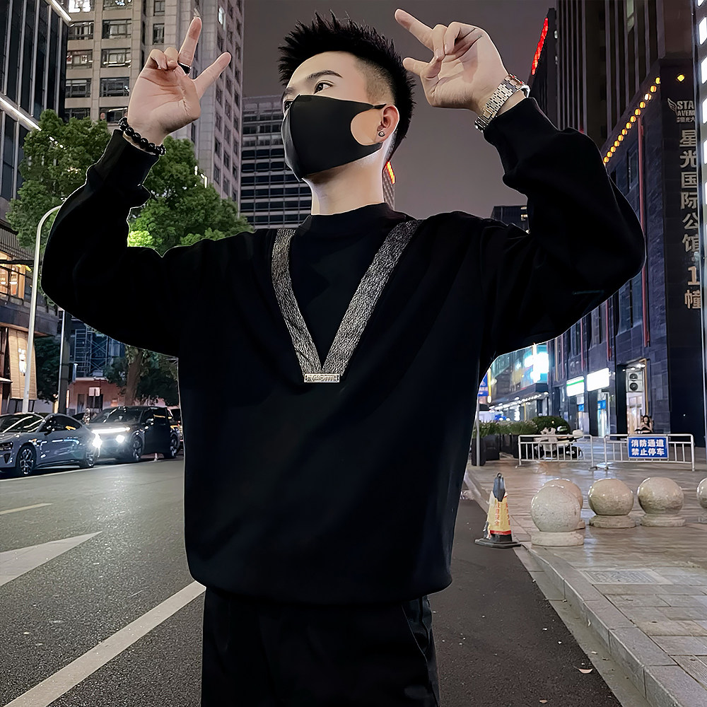 W100/P68控98卫衣男春秋款潮牌痞帅拼接撞色休闲宽松男士内搭白1,男装卫衣,电商A366