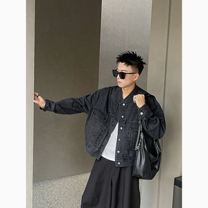 J71/特P138控178 男士牛仔外套质感复古老钱风翻领休闲上衣黑4图片