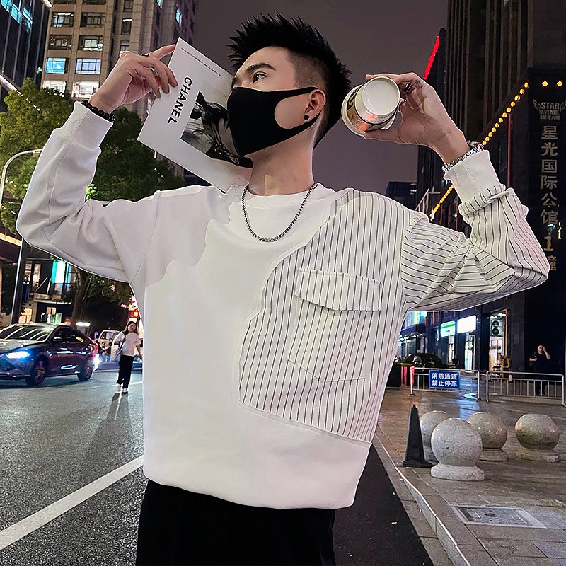 W39/特P55控75春款美式潮牌设计师款条纹拼接圆领套头卫衣男黑色,男装卫衣,电商A366