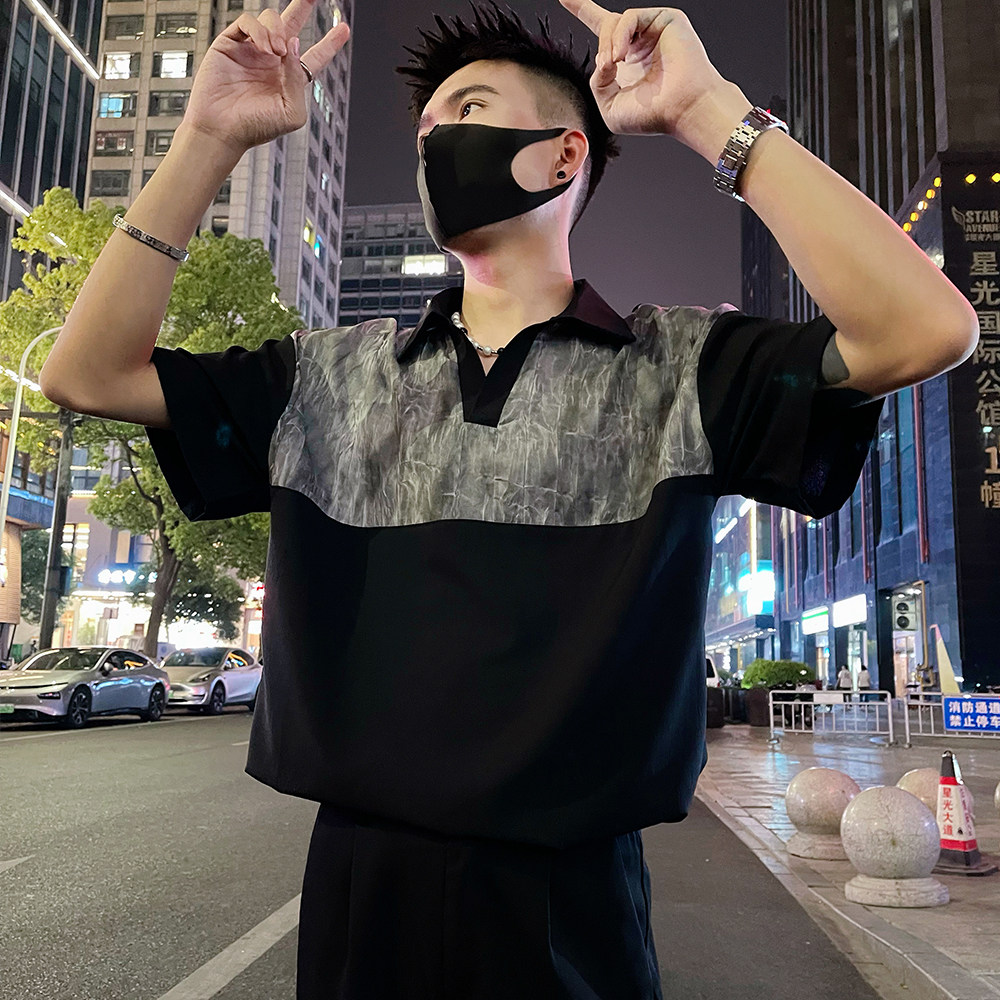 T271/P58控88夏季潮牌设计感冰丝翻领撞色男士短袖T恤衫半袖白1,男装T恤,电商A366