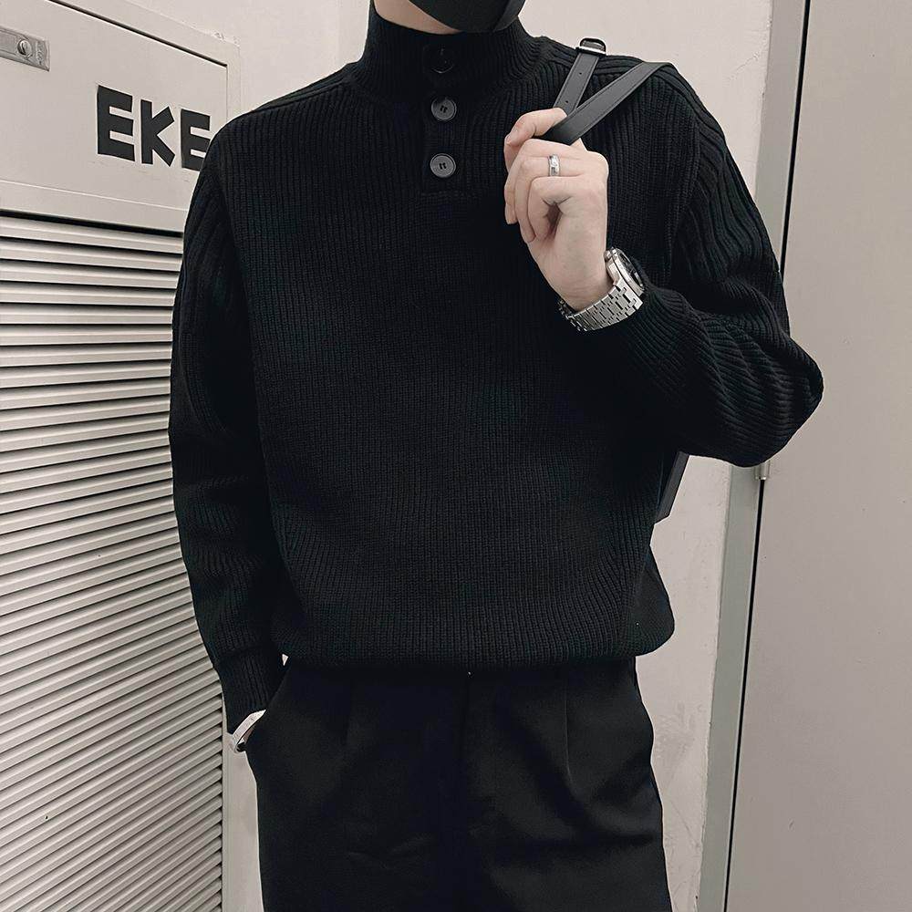 MY69/特P88控118 慵懒风秋季男士半高领套头纽扣设计打底毛衣黑1图片