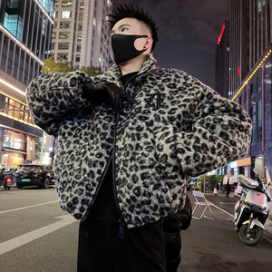 A69 P148控198 潮牌秋冬款男士加厚保暖毛呢短款豹纹棉服外套3图片