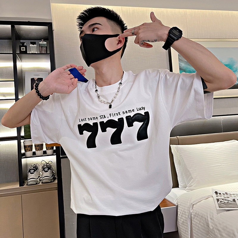 T01/P55控75夏季美式潮牌刺绣贴皮777数字男士短袖T恤社会小伙白,男装T恤,电商A366