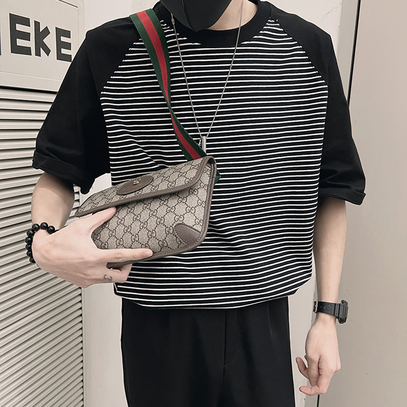 T16/特P48控682025夏季美式条纹拼色插肩款短袖T恤男社会小伙黑1,男装T恤,电商A366