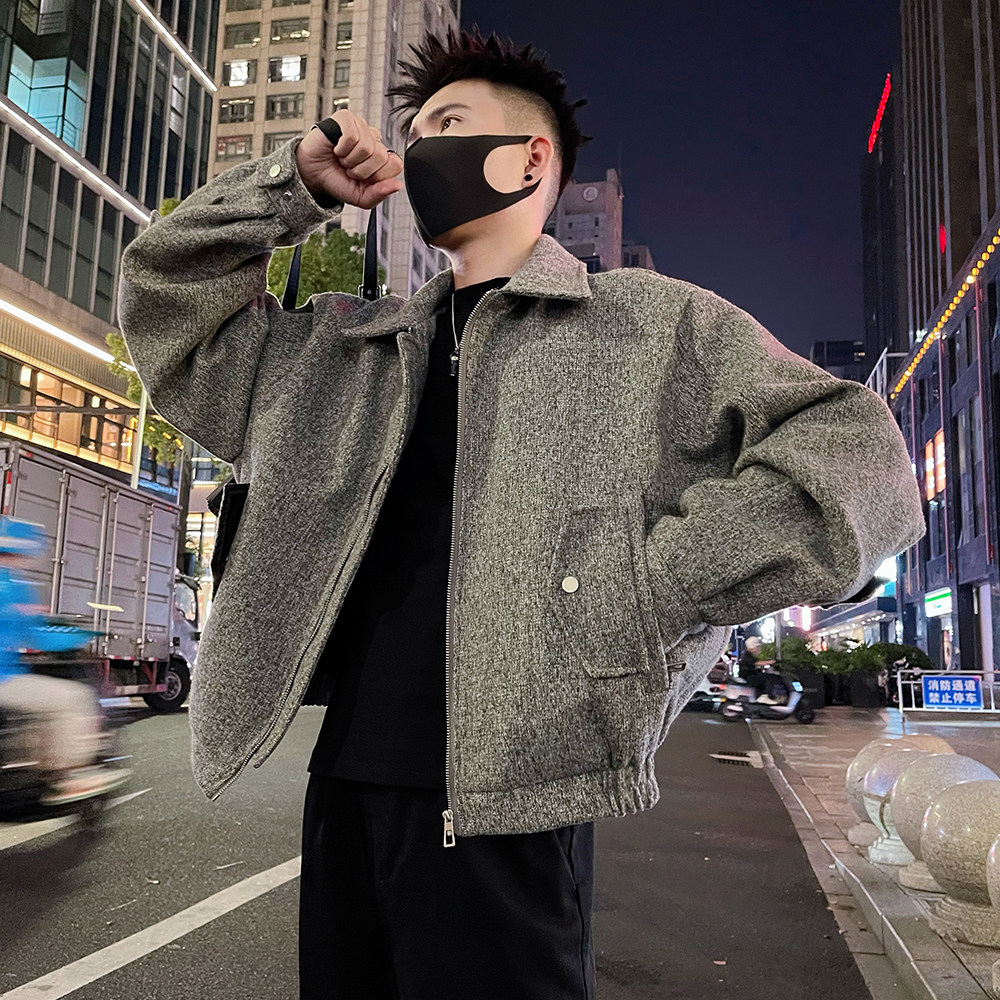 J79P138控178潮牌解构设计痞帅高级感翻领毛呢夹克外套上衣灰3,男装夹克,电商A366
