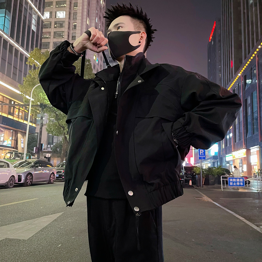 J98/P128控178潮牌痞帅双层领金属饰工装男士夹克外套黑3，男装夹克，电商A366