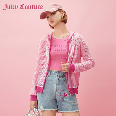 Juicy Couture橘滋2024新款粉梦晨光拉链镂空针织连帽女式外套