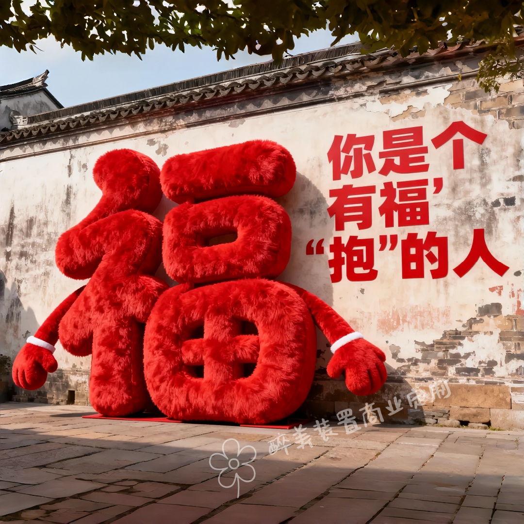新年商业美陈落地毛绒立体福字户外落地带手臂抱抱福装饰互动道具