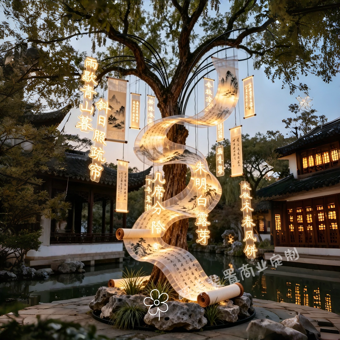 新中式水墨画卷发光灯树上悬挂古诗词灯古镇庭院亮化美陈打卡装置