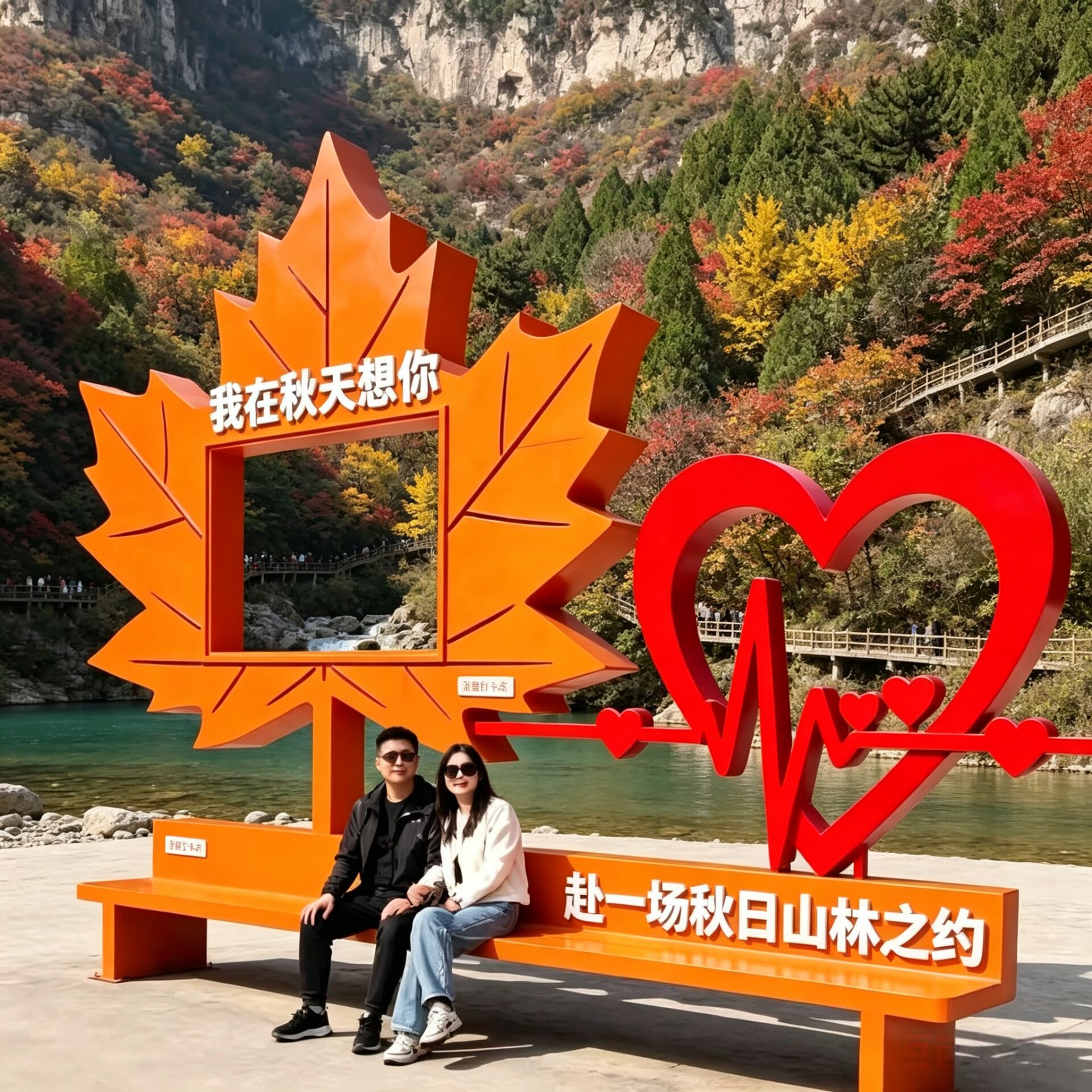 秋季户外枫叶爱心拍照打卡座椅公园景区游乐园休息区座椅美陈摆件 - 实物图