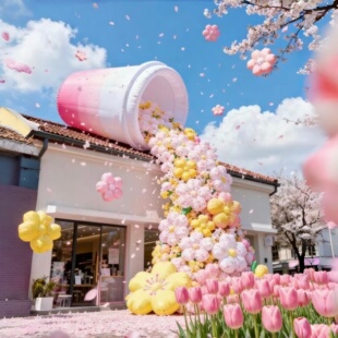 咖啡杯瀑布花充气气模装饰摆件商业街酒店景区咖啡馆引流拍照美陈