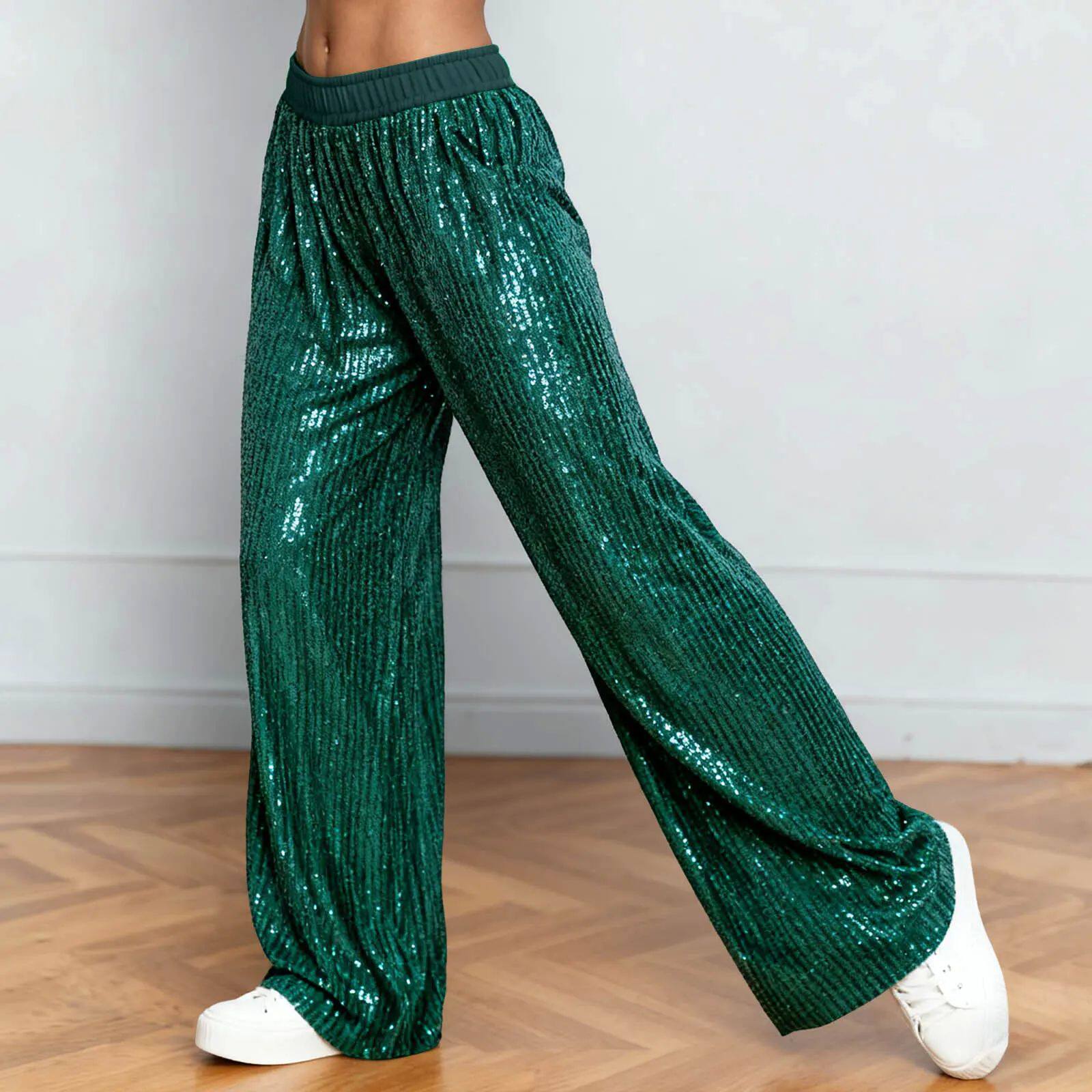 纯色亮片高腰阔腿长裤女Solid-colored, glittery wide-leg pants