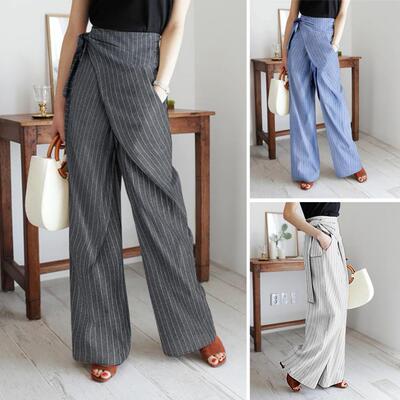 Sexy stripe lace-up wide-leg pants woman性感条纹系带阔腿裤女
