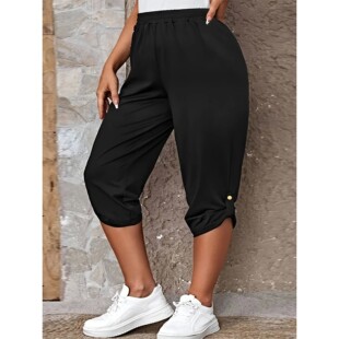 女 elastic Leisurely color pants solid 休闲宽松纯色七分松紧裤