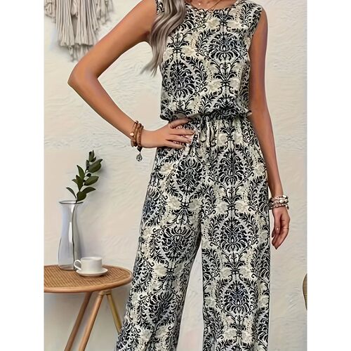 休闲印花无袖直筒裤 Printed sleeveless straight leg pants set