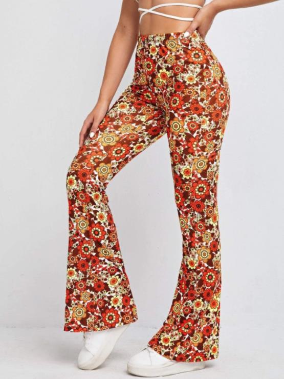 Sexy floral micro la trousers woman性感碎花微喇长裤女