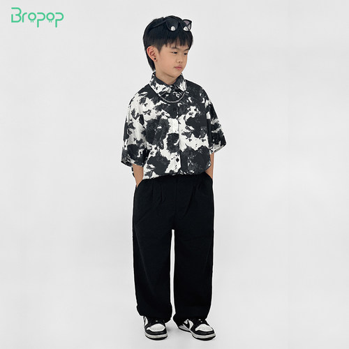 Bropop男童衬衣短袖花衬衫薄款炸街痞帅港风男童夏装上衣轻盈透气