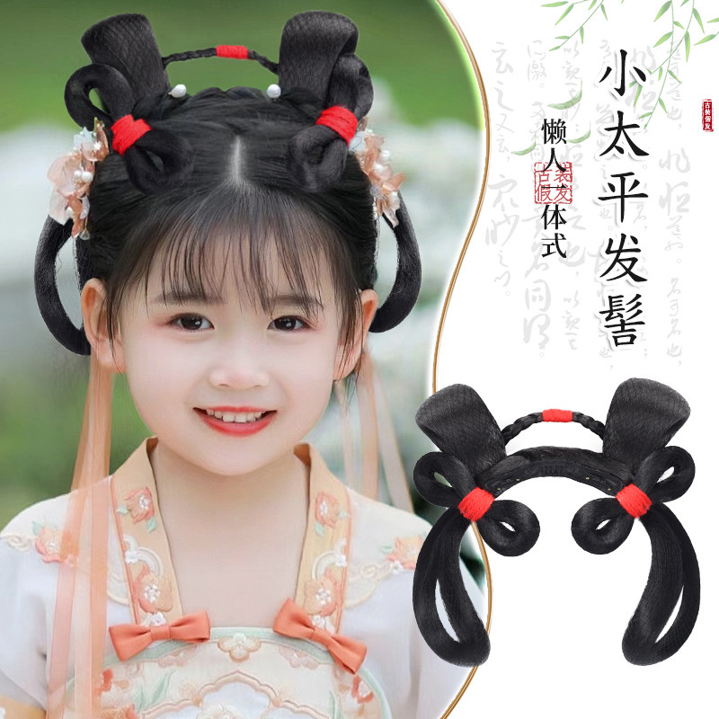 汉服发饰儿童古装假发包表演发髻古风发箍假发一体蝴蝶结造型头饰