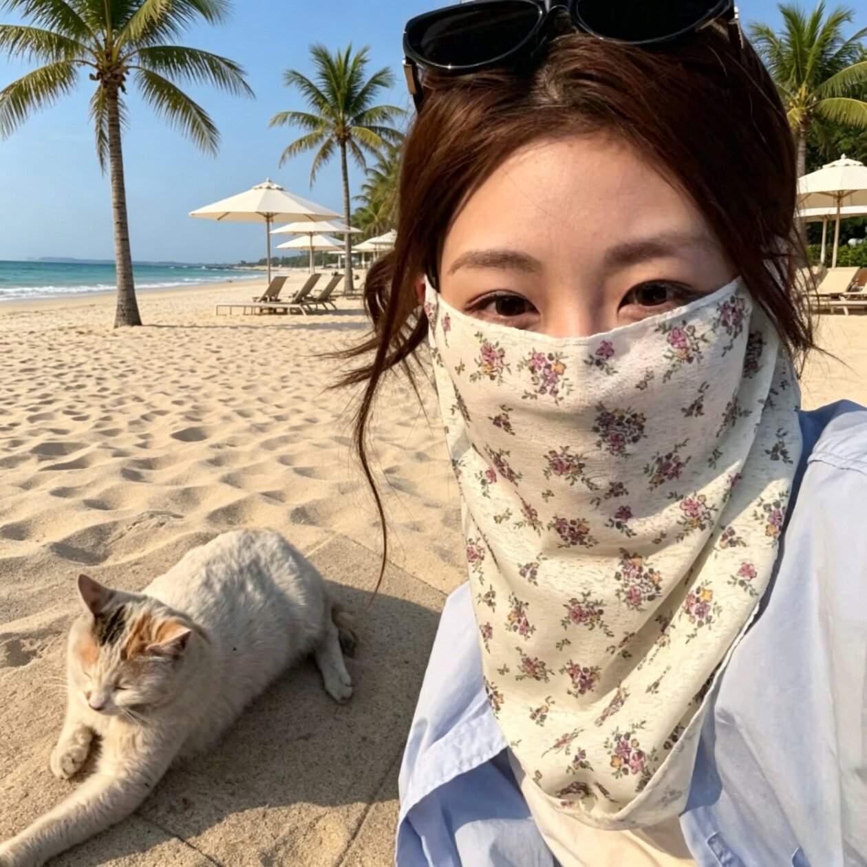 骑士装备小碎花防晒面罩女士夏季旅游挂耳易呼吸全脸护颈骑车遮阳