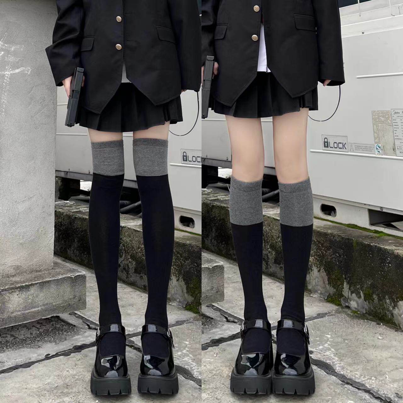 黑灰拼色小腿袜女秋冬棉中筒袜长筒过膝袜JK学院风显瘦袜子